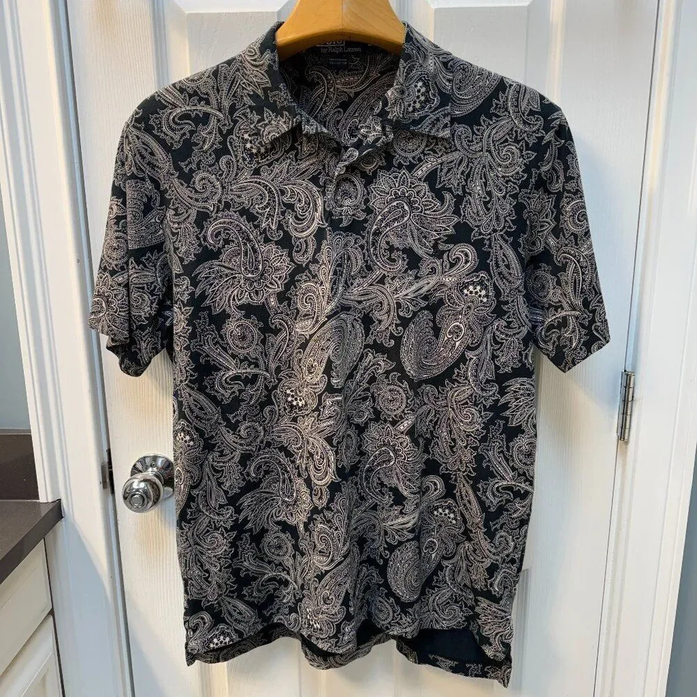 Vintage 90s Polo Ralph Lauren Black Large Paisley Polo Shirt Size Large